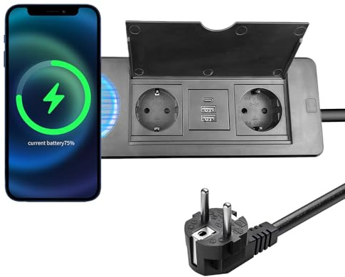 Enchufe retráctil USB C PD 20 W y 15 W Carga Inalámbrica, Regleta empotrable de 2 enchufes para mesa de oficina, escritorio, cocina, color negro 1,5 m
