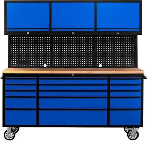 72-Inch Heavy-Duty Tool Chest on Wheels 15-Drawer Rolling Tool Cabinet 3 Upper Cabinets Hanging Board ETL-Certified Power Outlet Sturdy Oak Worktop