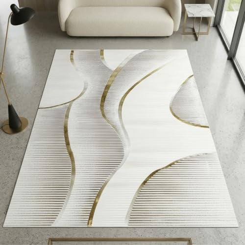 CARPETIA Teppich Linienmuster Creme Gold mit Glanzeffekt 140x200 cm | Weich, pflegeleicht, schmutzabweisend und formstabil, seitlich gekettelt, OEKO-TEX geprüft, für Fußbodenheizung