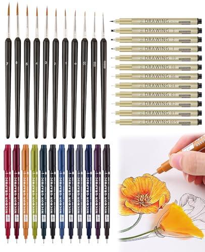 Asheyya 35 Pcs Fineliner Pens, 12 Black Fine Liner Waterproof Ink with 12 Vintage Colours Micron Pens and 11 Fine Paint Brushes