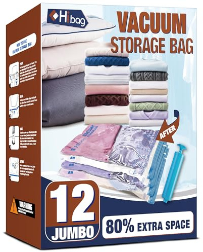 HIBAG Vacuum Storage Bags, 12 Jumbo Vacuum Seal Bags for Clothing, Space Bags for Clothes, Comforters, Blankets, Bedding (12J)