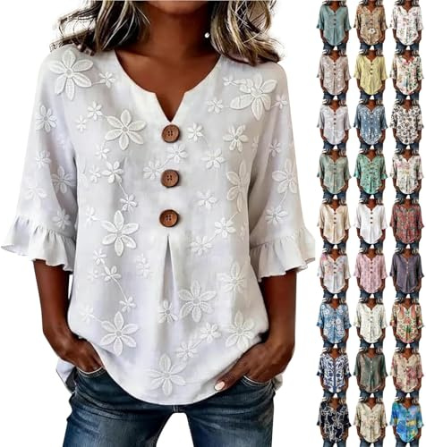 Chemise Femme Lin Coton Chic et Elégant Manche 3/4 Col V Boutonné Blouse Chemisier Blanc Haut Lâche Respirant D'Été à Manches Volantées à Imprimé Floral T-Shirts Bohème Top Léger Casual Ample de Plage