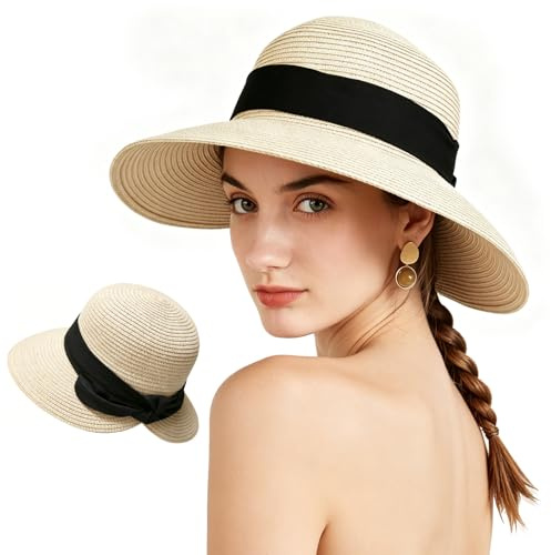 AYPOW Sombrero de Sol para Mujer Al Aire Libre, UV Protection Sombrero Paja de Playa Transpirable Gorro de Pescador Verano Plegable Ajustable for Viajes y Vacaciones