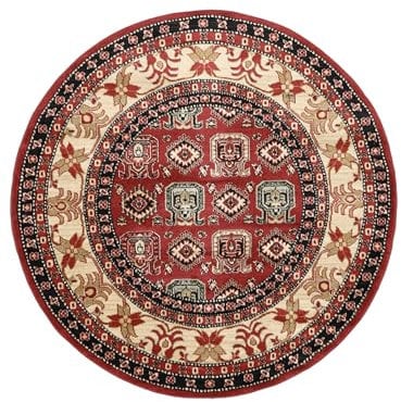 RugVista Kazak Simav, Alfombra, Ziegler/Kazak, Ø 150 cm, Redondo, Pelo Medio, Sala de Estar, Comedor, Dormitorio, Pasillo, Limpieza en seco, Oeko_Tex_100, Rojo Beige