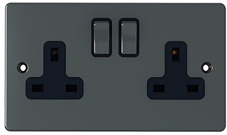 Flat Plate Black Nickel 2 Gang Socket - 13 Amp Double Electrical Plug Socket