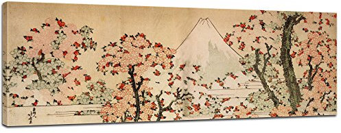Bilderdepot24 Bild auf Leinwand | Katsushika Hokusai Blick auf den Fujijama mit blühenden Kirschbäumen in 120x40 cm als Wandbild | Wand-deko Dekoration Wohnung alte Meister | 180203-120x40