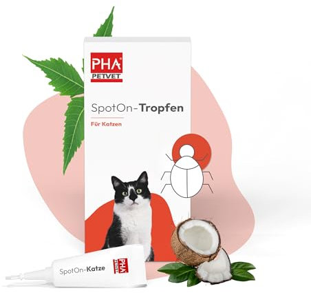 PHA Spot On für Katzen – Natürliches Flohmittel Katzen, Schutz gegen Flöhe, Zecken & Milben mit Neemöl & Laurinsäure, Zeckenschutz Katze, Anti Floh Katze, 2 Kunststofftuben à 1,5 ml