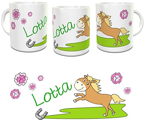 Kilala Namens-Tasse Pferd mit Wunschnamen Geschenkidee Mädchen Geburtstag Kinder-Becher Pony Hufeisen Reitverein Stall