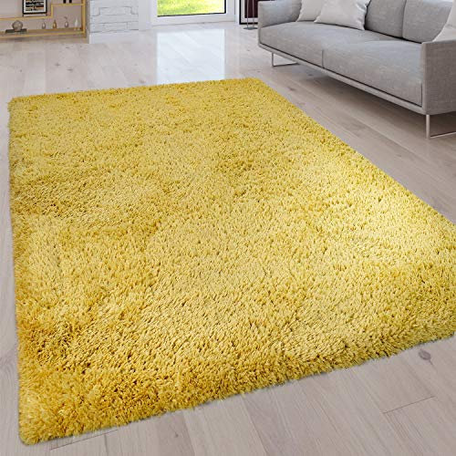 Paco Home Hochflor Teppich Wohnzimmer Schlafzimmer Waschbar rutschfest Weich Shaggy Modern Einfarbig, Grösse:120x160 cm, Farbe:Gelb