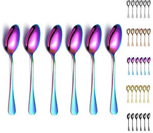 Rainbow Dinner Spoons, Kyraton 6 Pieces 19 cm Stainless Steel Table Spoon with Titanium Colorful Plating, Rainbow Soup Spoons, Dessert Spoons Sliverware Dishwasher Safe Set of 6