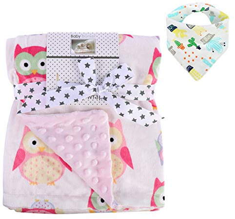 SHANNA Baby-Decke, superweich, atmungsaktiv, Baumwolle, Bommeldecke (Rosa Eule)