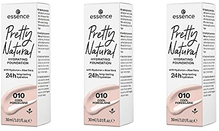 essence Pretty Natural HYDRATING FOUNDATION, Make Up, Nr. 010 Cool Porcelaine, nude, feuchtigkeitsspendend, strahlend frisch, matt, vegan, ölfrei, ohne Alkohol, 3er Pack (3 x 30ml)