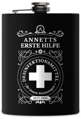 Flachmann Edelstahl Schwarz Matt 237 ml 8 oz individuelle Gravur in Silber - Erste Hilfe