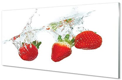 Tulup Glasbild - 100x50cm Wandbild Obst Dekoratives für Wohnzimmer Schlafzimmer - Wasser Erdbeere Weißer Hintergrund