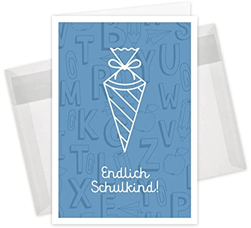 10er Set Einladungskarten & Umschläge, Einschulung, Klappkarten Format B6 (Blau)