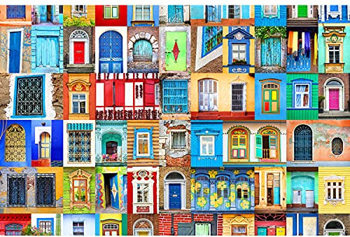JMbeauuuty Puzzle 1000 Teile Puzzle für Erwachsene, bunte Türen und Fenster, 50,8 x 71,1 cm