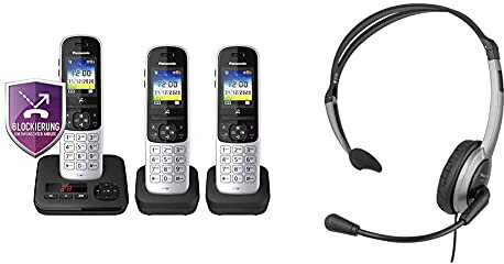 Panasonic KX-TGH723GS Schnurlostelefon mit Anrufbeantworter 3er Set (DECT Telefon, strahlungsarm, Farbdisplay, Anrufsperre, Freisprechen) schwarz & RP-TCA430E-S Headset für KX-TGxx Serie, Grau