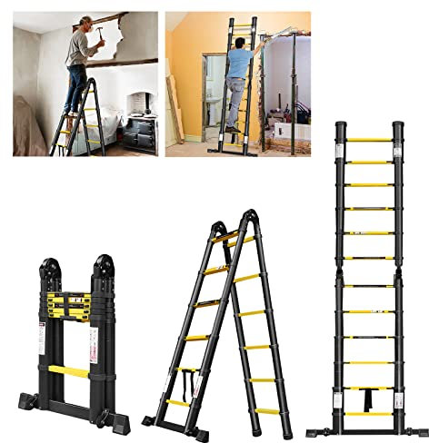 Klappbare Teleskopleiter, 3,8 m Aluminium rutschfeste Verlängerungsleiter, 12 Sprossen, Tragkraft 150 kg, Multifunktionale Anlegeleiter, Einzelleiter (Schwarz-Gelb, 1,9m + 1,9m mit Rädern)