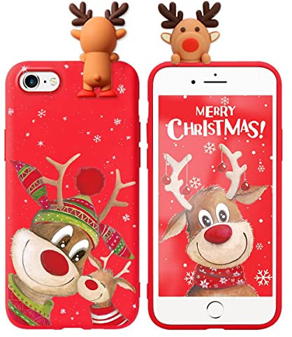 Vauki Cover per iPhone 8/iPhone SE 2020/iPhone 7/SE 2022, in rosso natale bambola regalo con motivo 3D carino Natale disegno caso di silicone antiurto protezione cover telefono cervo