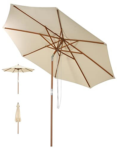 GOPLUS Parasol de Jardin Exterieur 3M, Parasol Inclinable en Bois avec 8 Baleines en Bambou, Levage par Poulie, Protection Solaire, Parasol à Corde pour Piscine, Cour, Base Non Incluse