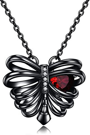 URONE Sterling Silber Rippenhalskette Schwarzer Anhänger mit Rotem Herz Zirkon Gotik Punk Skull Schmuck Geburtstagsgeschenke für Frauen