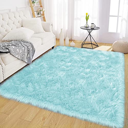 Latepis Light Blue Faux Fur 5x8 Alfombras para Salas Washable Sheepskin Fluffy Shag Rug for Living Room Bedroom Soft Plush Rugs Home Decor Rectangle