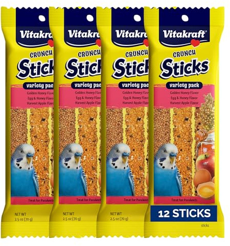 Vitakraft Crunch Sticks Parakeet Treat - Triple-Baked Millet Parakeet Treats with Natural Wood Center - Crunchy & Nutritious Bird Treat Sticks for Small Animals (12 Count, Honey, Egg, and Apple)