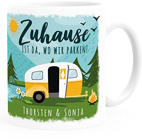 SpecialMe® Kaffee-Tasse personalisiert mit Namen Zuhause ist da wo wir parken Wohnwagen Camping Geschenke weiß standard
