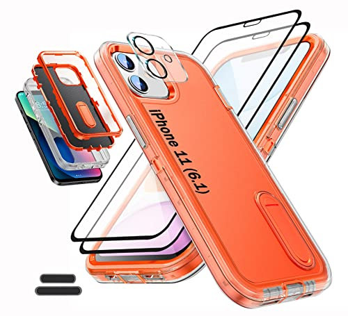 ymxdmd Case is Specially Designed for iPhone 11 6.1 Inch, Full Body Protection Heavy Duty Shock Absorbing 3 in 1 Silicone Rubber Built-in Stand with 2 Tempered Screen Protectors-Orange/Clear
