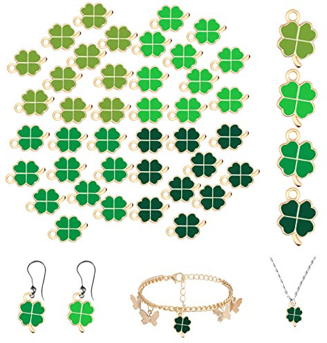 Tikplus Kleeblatt Anhänger, 40 Stück Kleeblatt Glücksbringer Kettenanhänger, Kleine Metall Charms zum Armband, für DIY Abschiedsgeschenk, Keschlüsselanhänger, Schmuckanhänger (4 Farben)