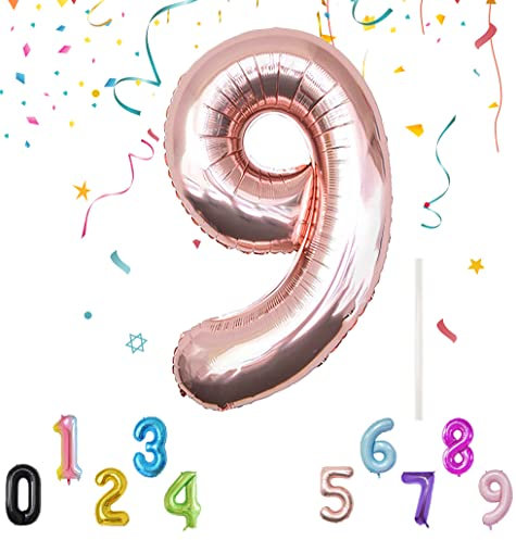 Luftballon mit Strohhalm 100cm-40 XXL Riesen Folienballon für Geburtstagsdeko Jubiläum, Helium Zahlenballon für Deko zum Party, Wiederverwendbare Folienballons - Roségold Zahlen 9 Luftballon