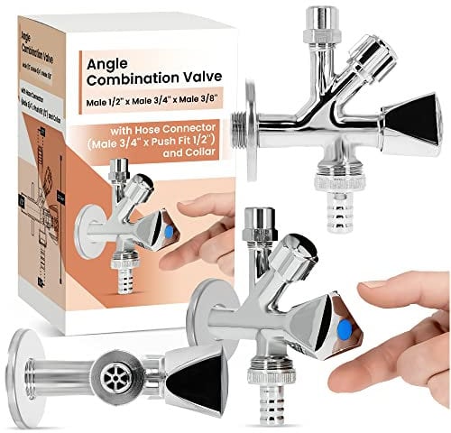 Vanne d'Angle Combinée Robinet Équerre 1/2'' x 3/4'' x 3/8'' Universelle Auto-Étanche Raccordement Lave-Vaisselle Lave-Linge Conduites d'Eau Chaude et Froide Laiton Chromé