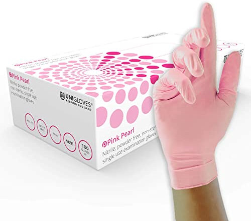 Unigloves Black Blue Pink Pearl Nitrile GP0034 GP0014 GP0054 Examination - Multipurpose, Powder Free and Latex Free Disposable Gloves, Box of 200 Gloves, Black, Blue, Pink, Large (Pink)