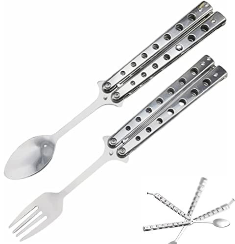 Butterfly Löffel Camping Löffel, Schmetterling Gabel Set, 2 Stück Faltbare Utensilien Camping Edelstahl Utensilien für Küche BBQ Reisen Outdoor