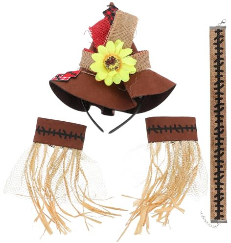 Kisangel Juego de disfraz de espantapájaros para Halloween, sombrero de espantapájaros marrón y diadema para fiesta de carnaval y cosplay