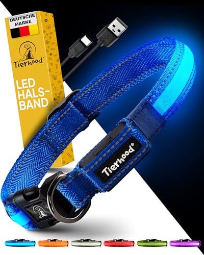 Tierhood Leuchthalsband Hund - Leuchthalsband für kleine und große Hunde - LED Hundehalsband Aufladbar - Langlebig, Wetterfest & Komfortabel - Ideal für Nachtspaziergänge - Blau, Größe S