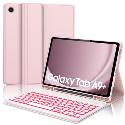 JADEMALL Tastiera per Samsung Tab A9 Plus 11 2023, Cover Tastiera per Samsung Tab A9+, Italiana QWERTY Tastiera Retroilluminata Magnetica Staccabile Bluetooth con Portapenne, Rosa