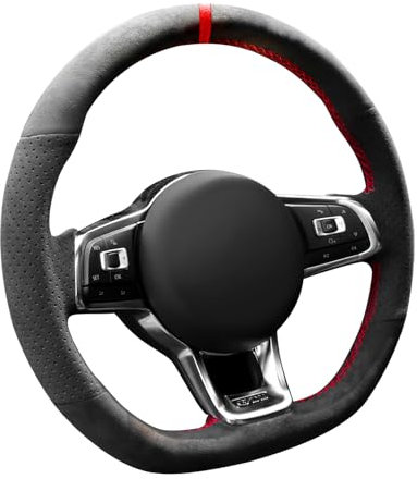 Alfanxi Alcantara Lenkradbezug, handgenäht, kompatibel mit Volkswagen Golf GTI Golf R MK7 Polo GTI Scirocco mit Schaltpaddeln (rot gestreift)