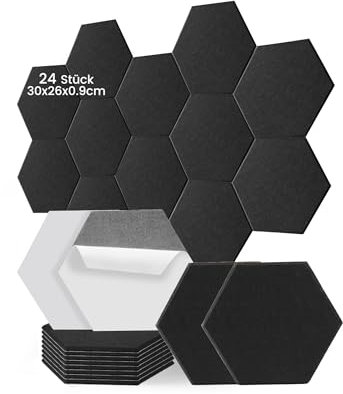 Ezcasch 24 Pièces Panneaux Acoustiques Autocollants Hexagonal, Isolation Phonique Mur, Panneaux Muraux Insonorisés Auto-adhésifs Haute Densité pour Bureaux/Studios/Maison/Mur 30x26x0,9cm,Noir