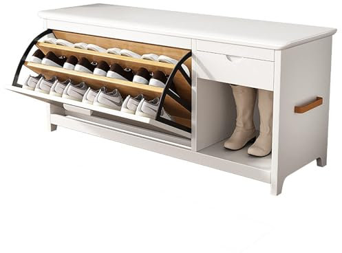 3-Tier Shoe Bench, Solid Wood Shoe Organizer with Storage Shelves and Drawers, Indoor Storage Chest, Bed End Stool for Entryway(Size:100CM,Color:C)