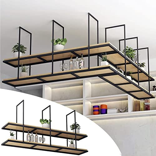 Deckenregal – 2-stufiges Weinregal zum Aufhängen an der Decke, an der Decke montiertes Aufbewahrungsregal aus massivem Holz, an der Wand montiertes Pflanzenregal aus Schmiedeeisen, Ausstellu
