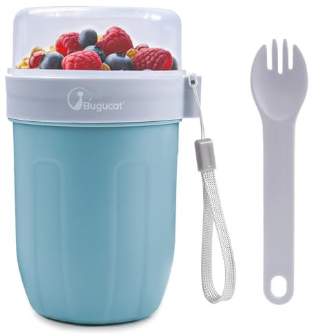 Bugucat Müslibecher to Go 660ML+260ML, 2in1 Joghurtbecher to Go & Müsli Cup to Go Becher mit Löffel, Auslaufsicherer Lunchpot Müslidose, Unterwegs Müslischale Yoghurt to Go für Picknick, Blau