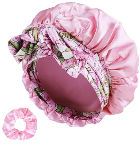 Satin Bonnet for Sleeping, Large Silk Sleep Cap Satin Hair Bonnets with Printed Tie Band and Scrunchies, Shower Caps for Women Curly Hair(Pink)