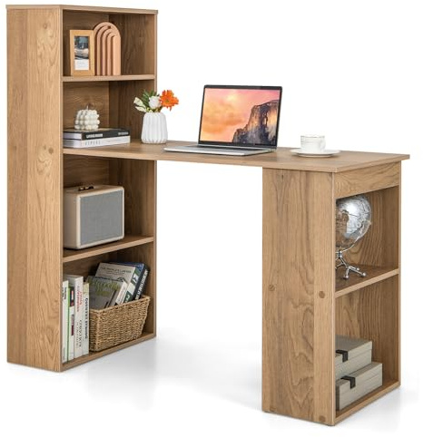 GYMAX Scrivania per Computer Reversibile da 121,5cm con 6 Ripiani, Scrivania con Libreria a Muro, Scrivania Moderna da Studio con Libreria per Casa e Ufficio, Design Salvaspazio (Natuale)