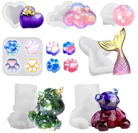 Wikimo 7 Stück Silikonformen Gießformen für 3D Tierharz Resin Epoxidharz Formen Set, Silikonform Gießform für Bär, Einhorn, Herz, Wolke, Katzenpfote Für Die Herstellung Von Dekoration Silicone Mold
