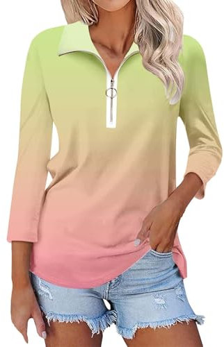 Polo Shirts for Women UK Plus Size Stretchy Long Sleeve Lapel Casual Sport Golf Tennis T-Shirts with 1/4 Zipper Novelty Color Block Patchwork Performance Pique Golf Polos Pink