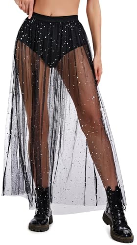 JasGood 2-i-1 skirt nätkjol för kvinnor, svart paljettkjol med paljetter, hög midja, glitterkjol för streetwear, klubbkläder, musikfestival, Svart (triangel-lång stil), XL