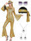 Ragelion Disco Outfit Damen,60er 70er Jahre Outfit Damen für Halloween Party mit Top Hose Zubehör (Goldene, M)