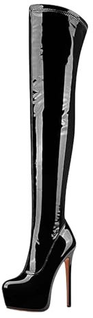 Stivali alti al ginocchio in vernice nera – Stivali con plateau con tacco grosso da donna con cerniera e plateau stivaletti con tacco grosso stivali da discoteca da pole dance sexy con tacco alto