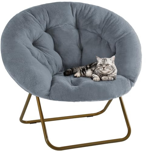 DUMOS Comfy Saucer Chairs, Faux Fur Lounge Bedroom Living Room Flexible Folding Seating for Kids Adults Soft Padded Metal Frame Modern for Home Office Grey